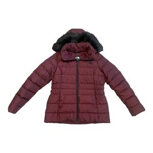 The North Face Burgundy Puffer Jacket with Black Fur Trim